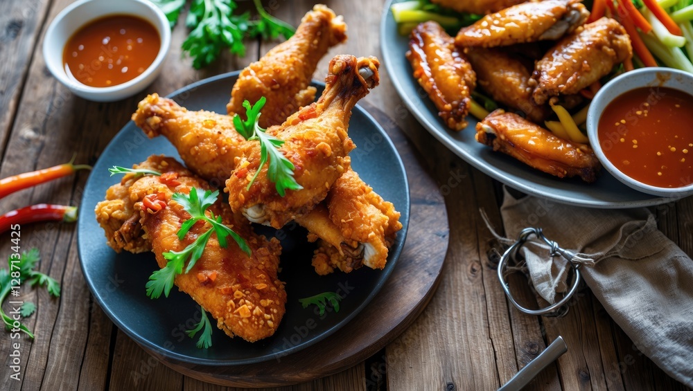 Aufkleber crispy fried chicken drumsticks and wings with sauces and vegetables on wooden table ideal for food 