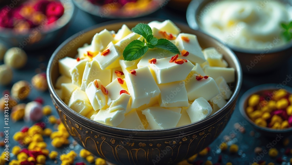 Poster homemade white butter cubes served in an ornate bowl with garnish and colorful ingredients creating 
