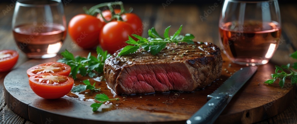 Poster succulent beef steak served with fresh tomatoes and rosã© wine on rustic wooden table with space for