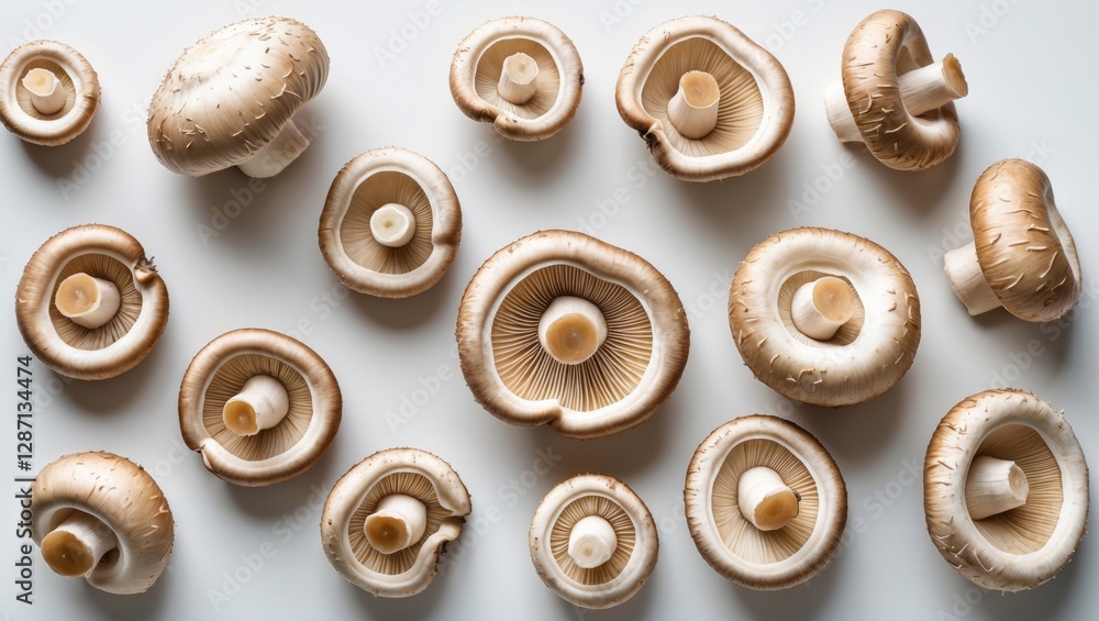 Poster fresh oyster mushrooms arranged aesthetically on a clean white background showcasing their unique sh