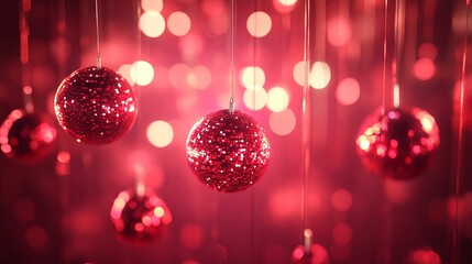 Red Glittering Ornaments Hanging Festive Background