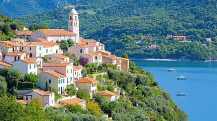 Fototapeta premium Coastal village church hillside summer view travel