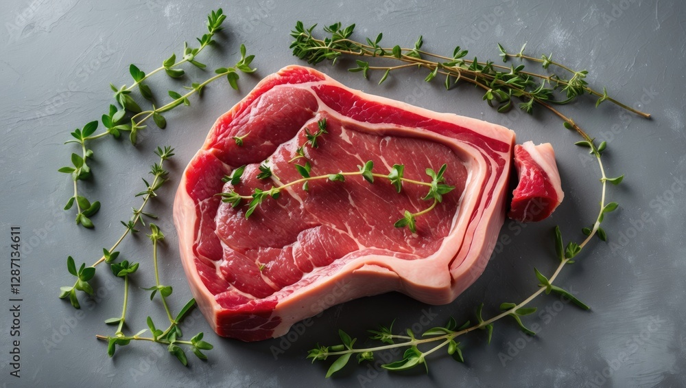 Poster fresh raw steak surrounded by thyme on a gray background highlighting organic food with ample copy s