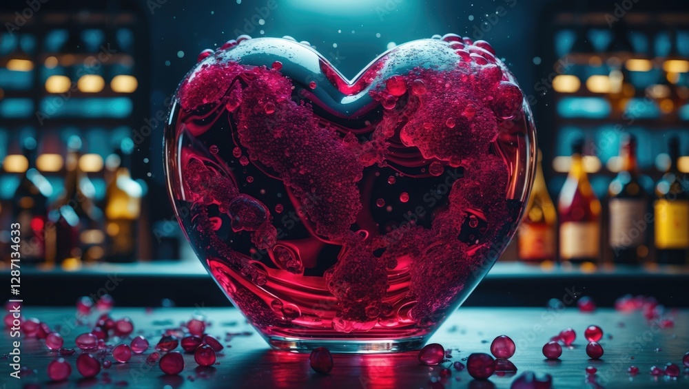 Aufkleber Heart-Shaped Glass Filled with Red Wine Against Bar Background with Empty Space for Text