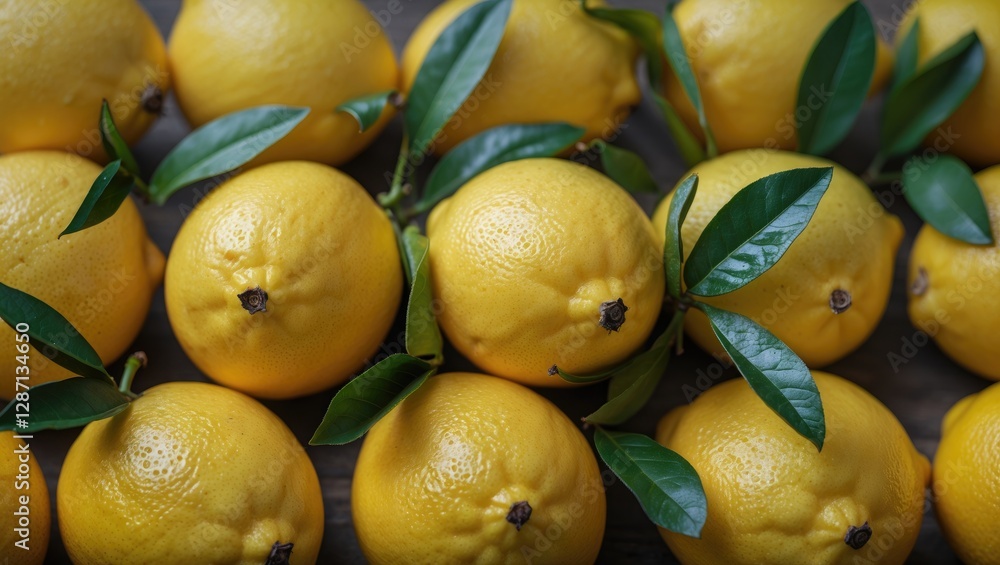 Aufkleber fresh ripe lemons with leaves arranged on a rustic wooden surface for culinary and health related co