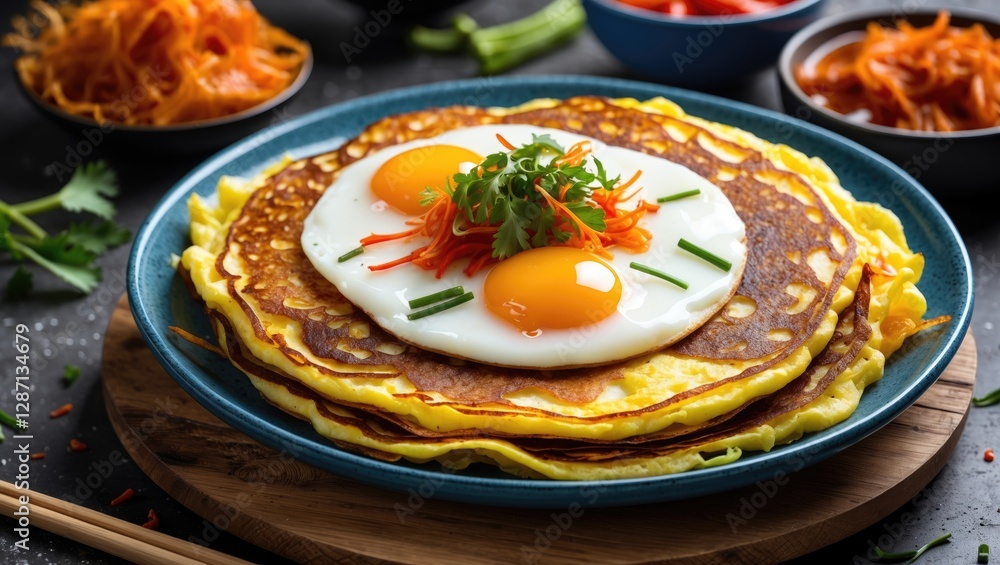 Poster delicious korean pancake with fried eggs topped with fresh vegetables and served with kimchi side di