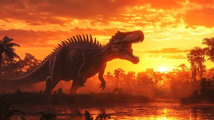Majestic Dinosaur Roaring at Sunset Over Ancient Landscape