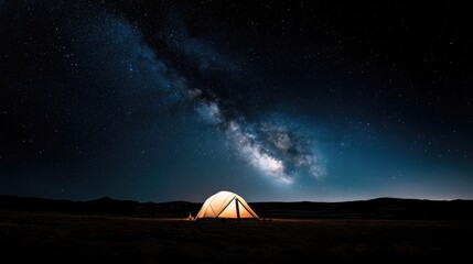 Obraz premium Illuminated Tent Under Milky Way Galaxy