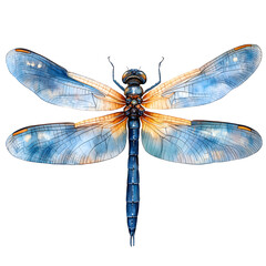 Dragonfly watercolor illustration with bright and beautiful wings isolated on transparent background. PNG, cutout.