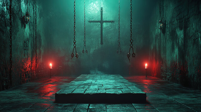 Mysterious ritual scene abandoned dungeon 3d render dark atmosphere low angle sinister concepts