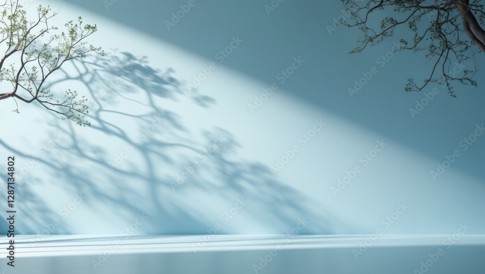 Aufkleber Minimalistic light blue background with intricate tree branch shadows ideal for product presentation or artistic display settings.