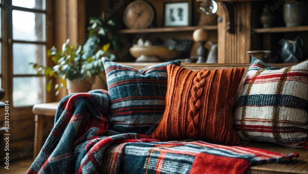 Poster cozy interior with knitted plaids and pillows in warm colors creating an inviting atmosphere for rel