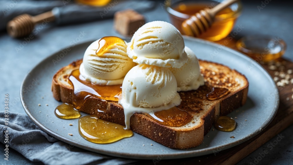 Aufkleber Delicious Toast with Ice Cream and Honey Drizzle Perfect for Breakfast or Dessert Indulgence in a Rustic Setting