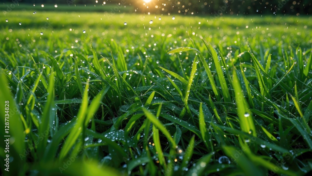 Aufkleber morning dew-kissed green grass on meadow with sunlight creating a serene close-up view of a verdant 