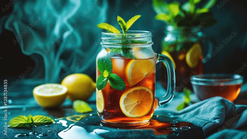Aufkleber Refreshing Iced Tea with Mint and Lemon in Mason Jar Surrounded by Fresh Ingredients and Empty Space for Customizable Text