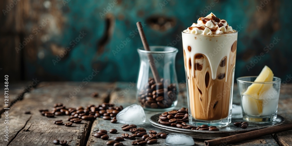 Poster iced coffee with cream and ice cubes in a glass on rustic wooden table with coffee beans cold summer