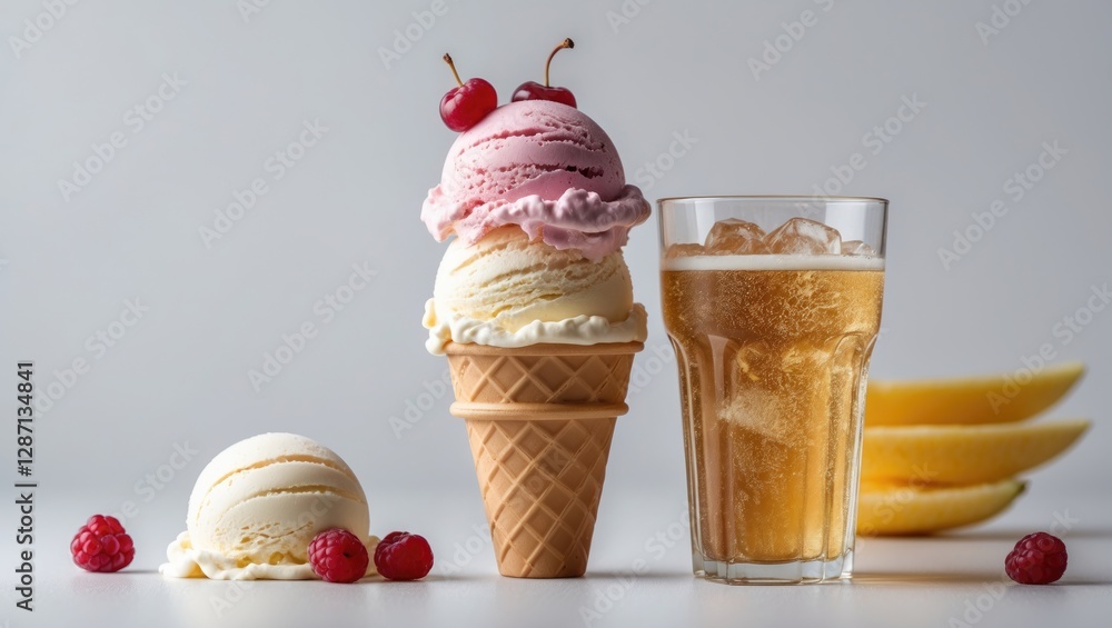 Poster delicious ice cream cones with assorted flavors and a refreshing glass of soft drink on a white back