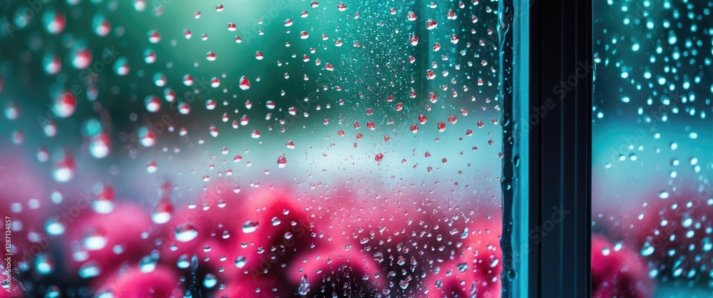 Poster water droplets on glass window with blurred floral background creating a serene and peaceful atmosph