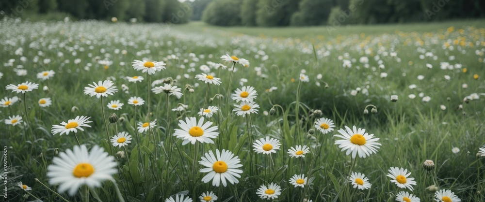 Aufkleber Serene Daisy Meadow Landscape with Abundant Flowers and Ample Space for Text or Design Elements