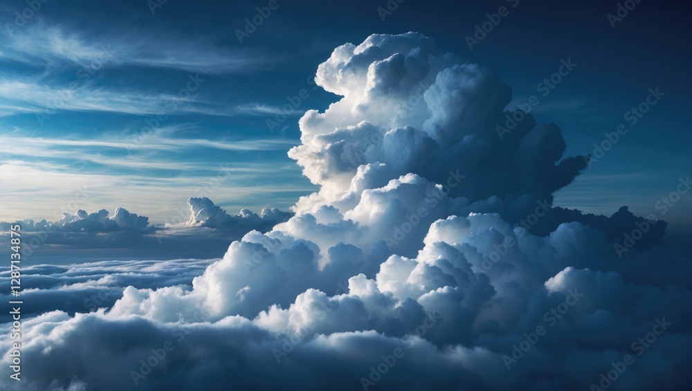 Poster dramatic cloud formations display a range of textures and colors in a stunning sky with deep blue an