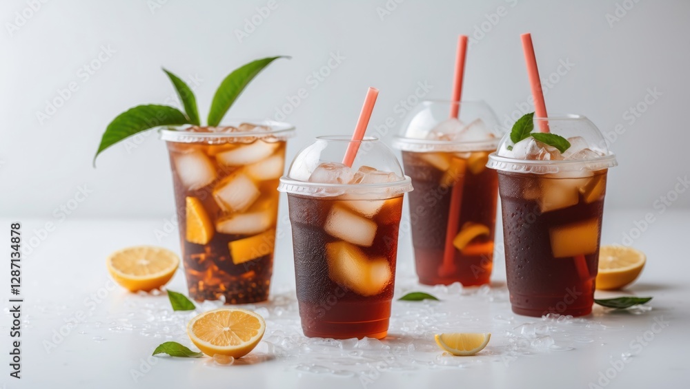 Poster refreshing iced tea drinks in transparent cups with ice and citrus garnishes on a white background f