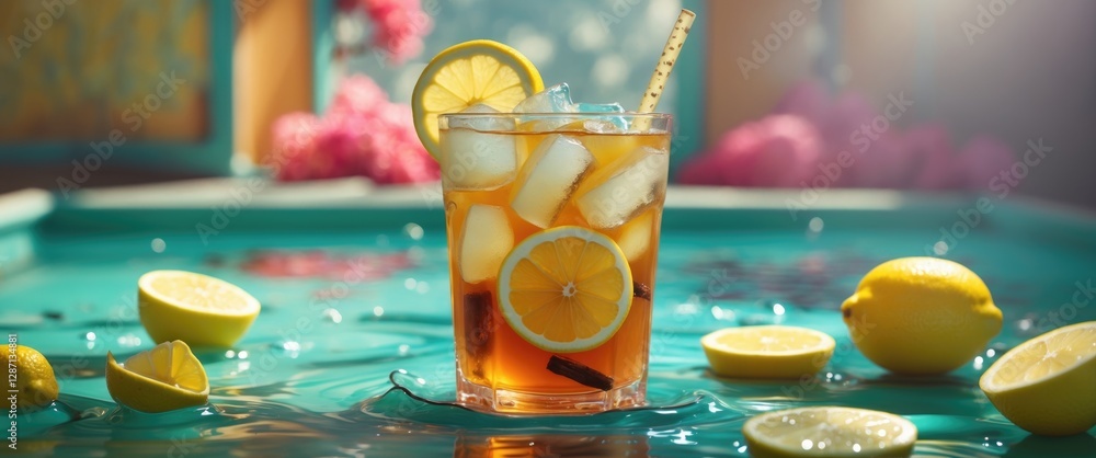 Poster Refreshing Ice Lemon Tea In A Vintage Setting With Slices Of Lemon And Ice Cubes Perfect For Summer Promotions Or Beverage Advertisements