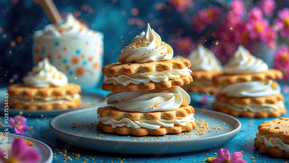 Poster delightful homemade biscuits stacked with cream topping and decorative sprinkles on a vibrant backgr