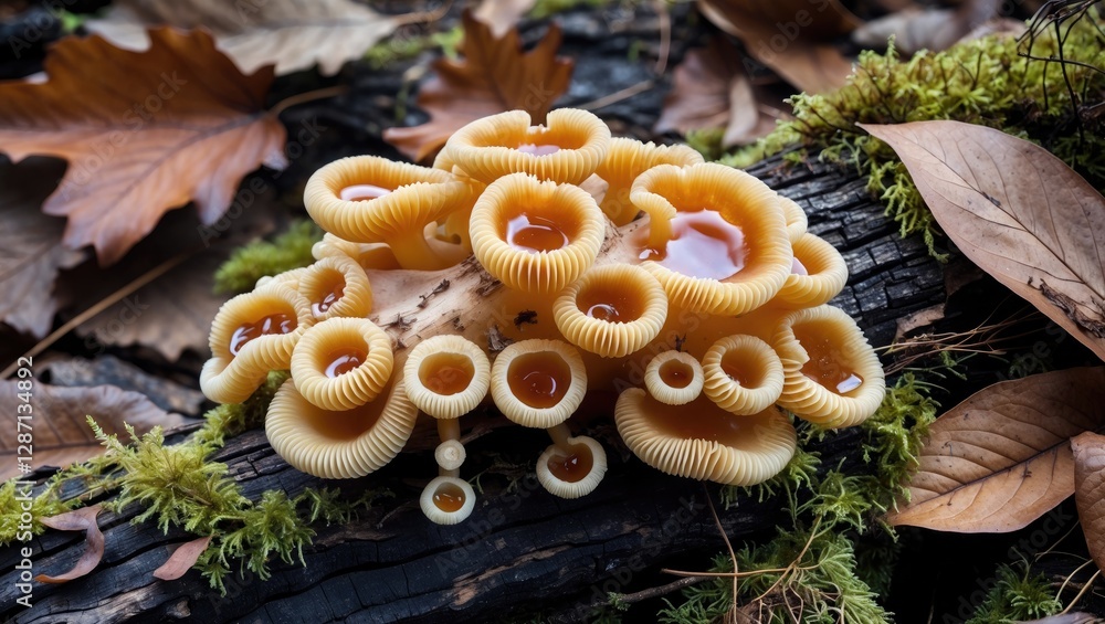 Aufkleber honey fungus growing on a decaying tree trunk surrounded by vibrant moss and a variety of dry autumn