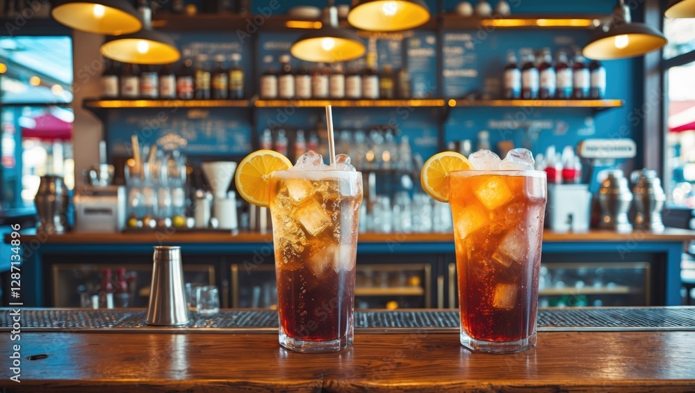 Poster refreshing italian soda drinks with ice and lemon served on a rustic wooden bar in a vibrant cafe se
