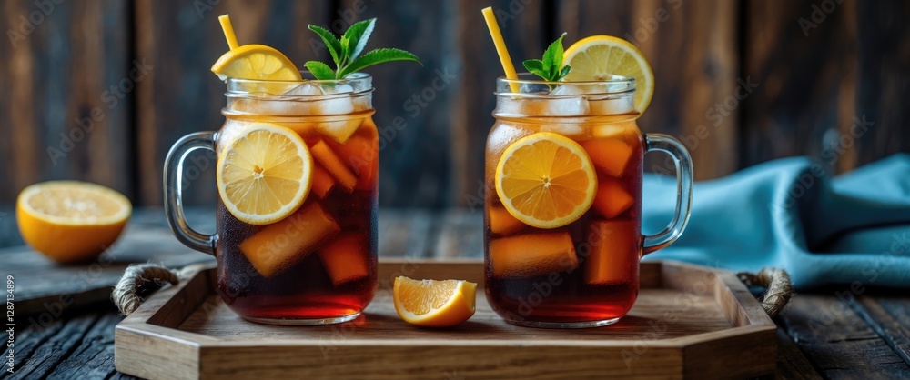 Poster refreshing iced tea served in mason jars with lemon slices on a wooden tray against a rustic wooden 