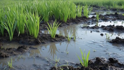 Obraz premium Wet soil with puddles and vibrant green grass in a field during early spring highlighting marsh grass and muddy water textures.