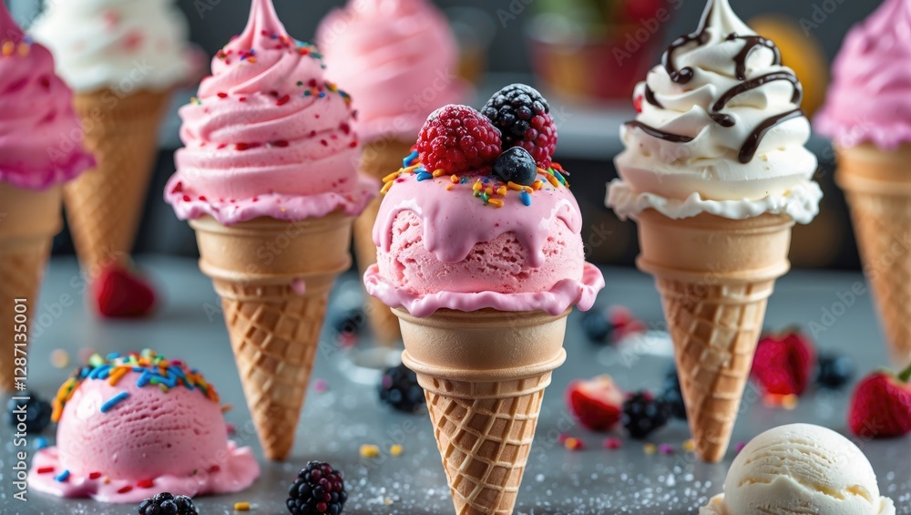Poster colorful and delicious ice cream cones with various flavors and toppings arranged on a gray backgrou