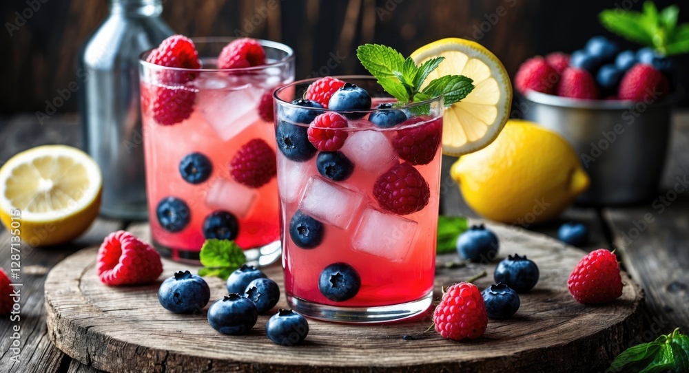 Poster refreshing summer lemonade infused with fresh berries mint and lemon on rustic wooden table perfect 