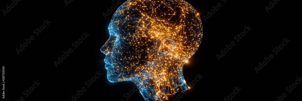 Poster Profile of a human head illuminated with complex neural connections symbolizing artificial intelligence and cybernetic evolution. Generative AI