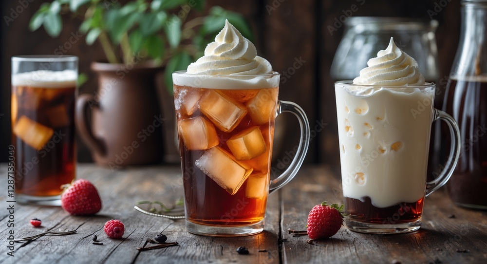 Aufkleber iced tea and creamy beverage on rustic table with fresh berries and empty space for custom text