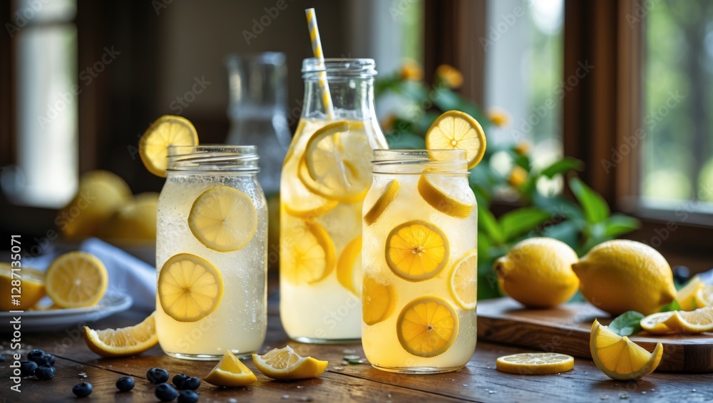 Poster refreshing homemade lemonade with fresh lemons and berries on a rustic table in a sunlit kitchen set