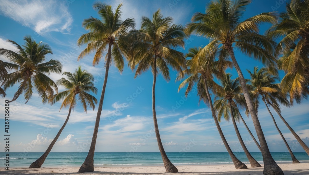 Aufkleber tropical paradise with tall palm trees swaying on a serene beach under a clear blue sky and gentle w