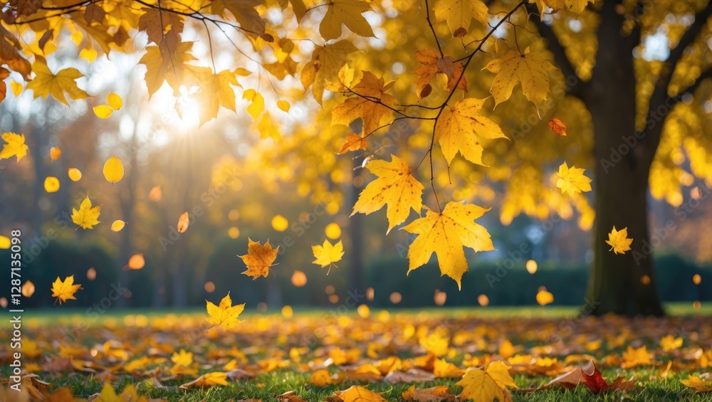 Aufkleber autumn landscape featuring vibrant yellow leaves illuminated by sunlight creating a serene fallen fo