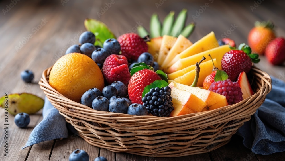 Poster colorful fruit basket on wooden table with freshly cut slices and empty space for text ideal for hea