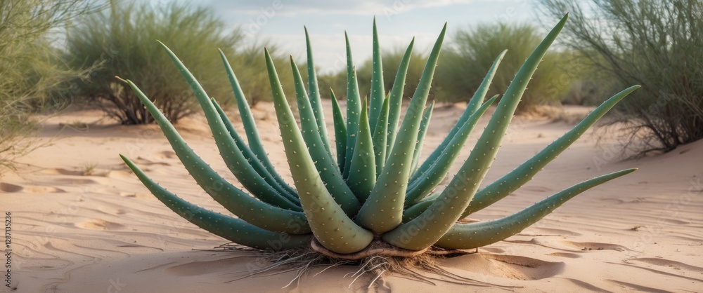 Poster aloe cactus growing in sandy desert landscape with medicinal properties surrounded by natural greene