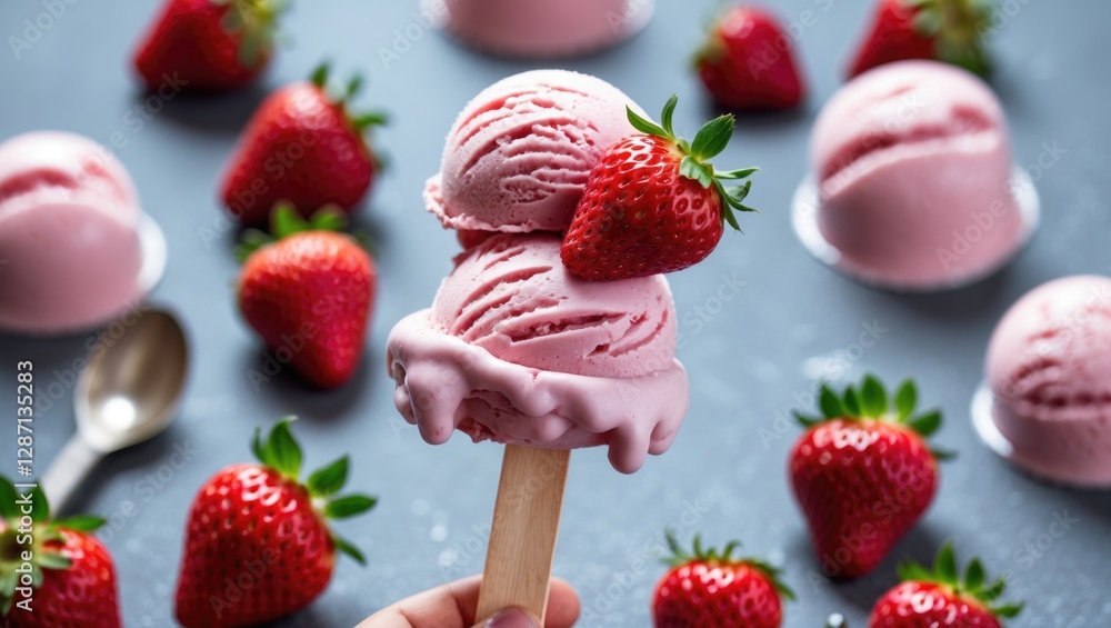 Poster delicious strawberry yogurt ice cream on stick surrounded by fresh strawberries for a refreshing sum