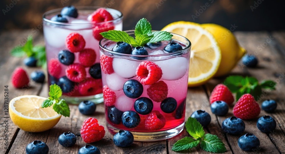 Poster refreshing summer lemonade with fresh raspberries and blueberries garnished with mint on a rustic wo