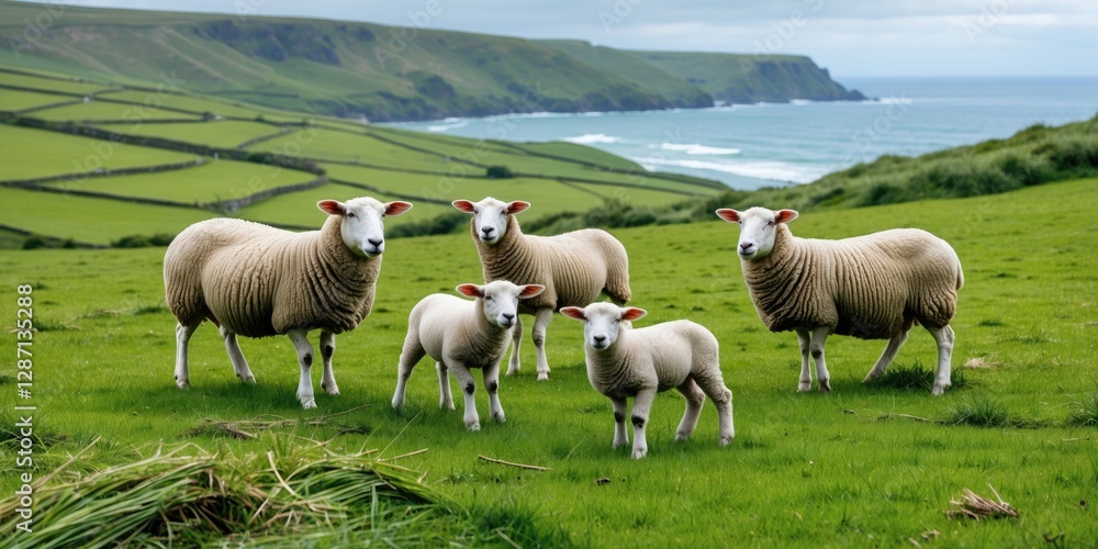 Poster serene pastoral scene with sheep and lambs grazing on lush green grass fields overlooking the ocean 