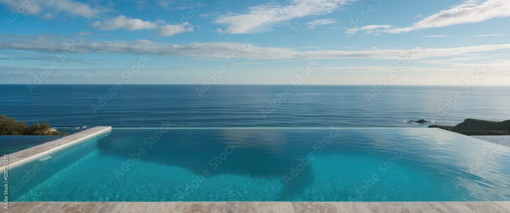 Poster tranquil infinity pool overlooking serene ocean view with empty space for custom text addition