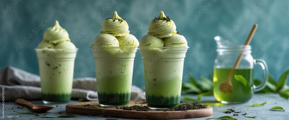 Poster refreshing green tea ice cream sundaes with whipped cream and matcha garnish on a wooden board with 