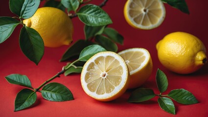 Fresh Lemons on Vibrant Red Background with Green Leaves Highlighting Citrus Fruits and Their Juicy Cross-Section