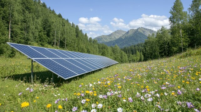 Solar panels in meadow at foot of mountains