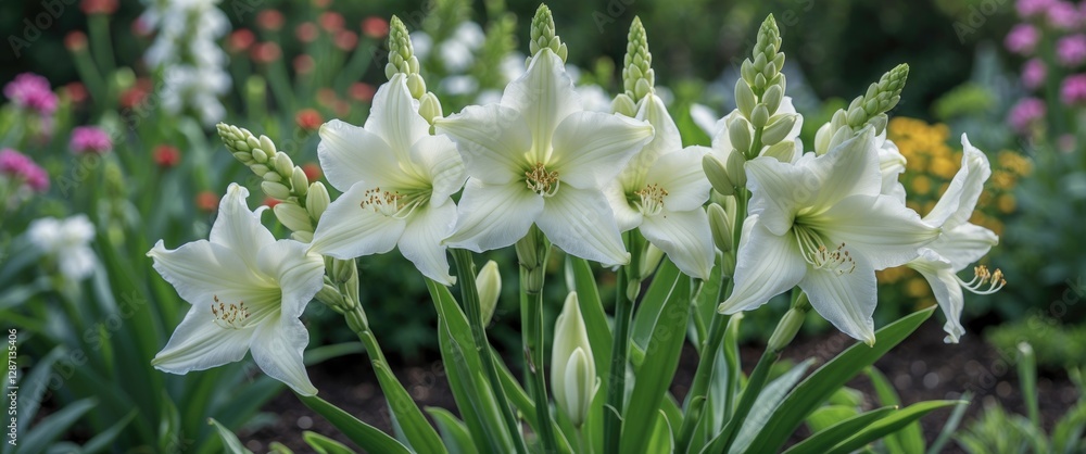 Poster hymenocallis flowers blooming beautifully in a vibrant garden setting with soft focus and ample spac