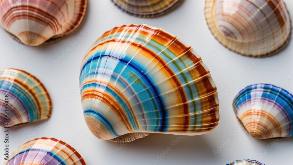 Poster Close up view of multicolored clam mollusc shell displaying vibrant stripes on a clean white background showcasing natural marine beauty.