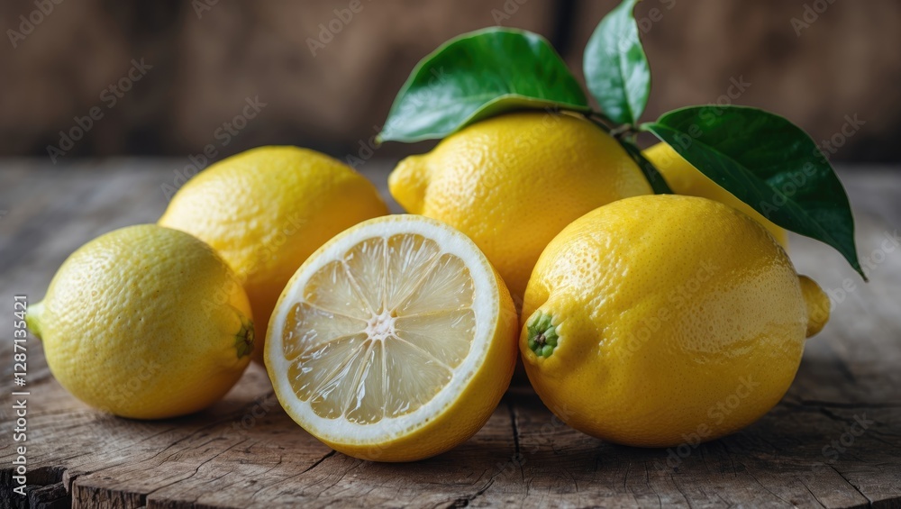 Aufkleber fresh ripe lemons on a wooden surface with one sliced in half showcasing juicy flesh and vibrant yel